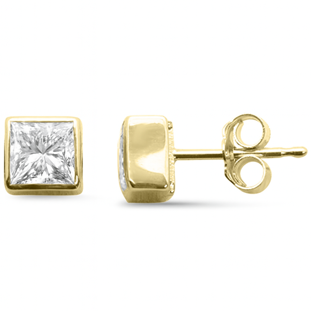 SPECIAL!1.06ct G SI 14K Yellow Gold Bezel Set Princess Cut Diamond Stud Earrings