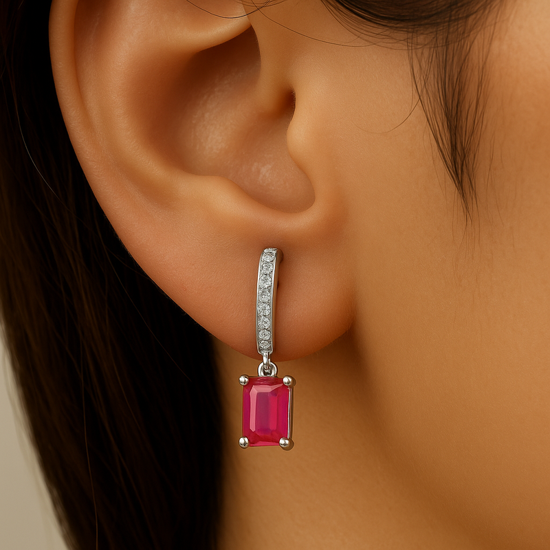 SPECIAL!1.54ct G SI 14K White Gold Diamond & Ruby Gemstone Hoop Huggie Dangle Earrings