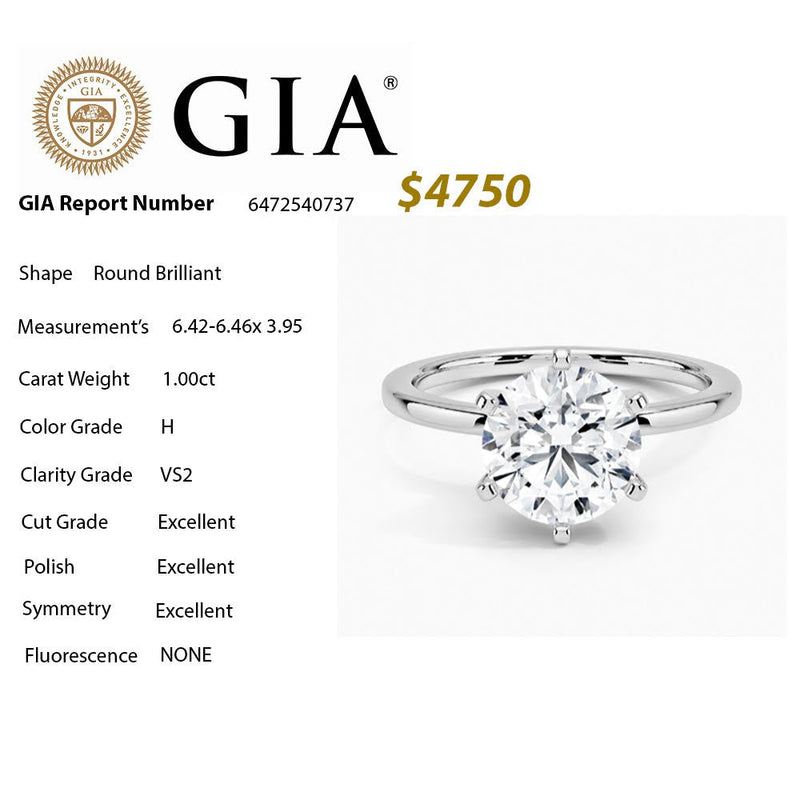 SPECIAL! 1.00CT H VS2 GIA CERTIFIED Round Brilliant Cut Natural Diamond