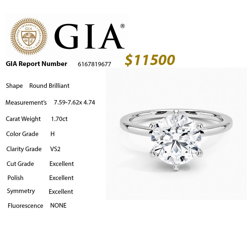 SPECIAL! 1.70CT H VS2 GIA CERTIFIED Round Brilliant Cut Natural Diamond