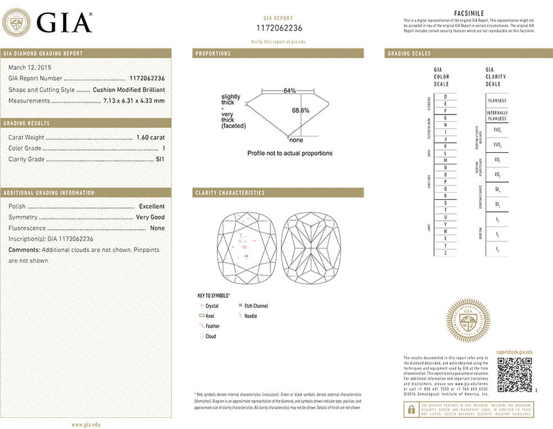 1.60CT I SI1 Loose Modified Cushion Cut Natural Diamond GIA CERTIFIED