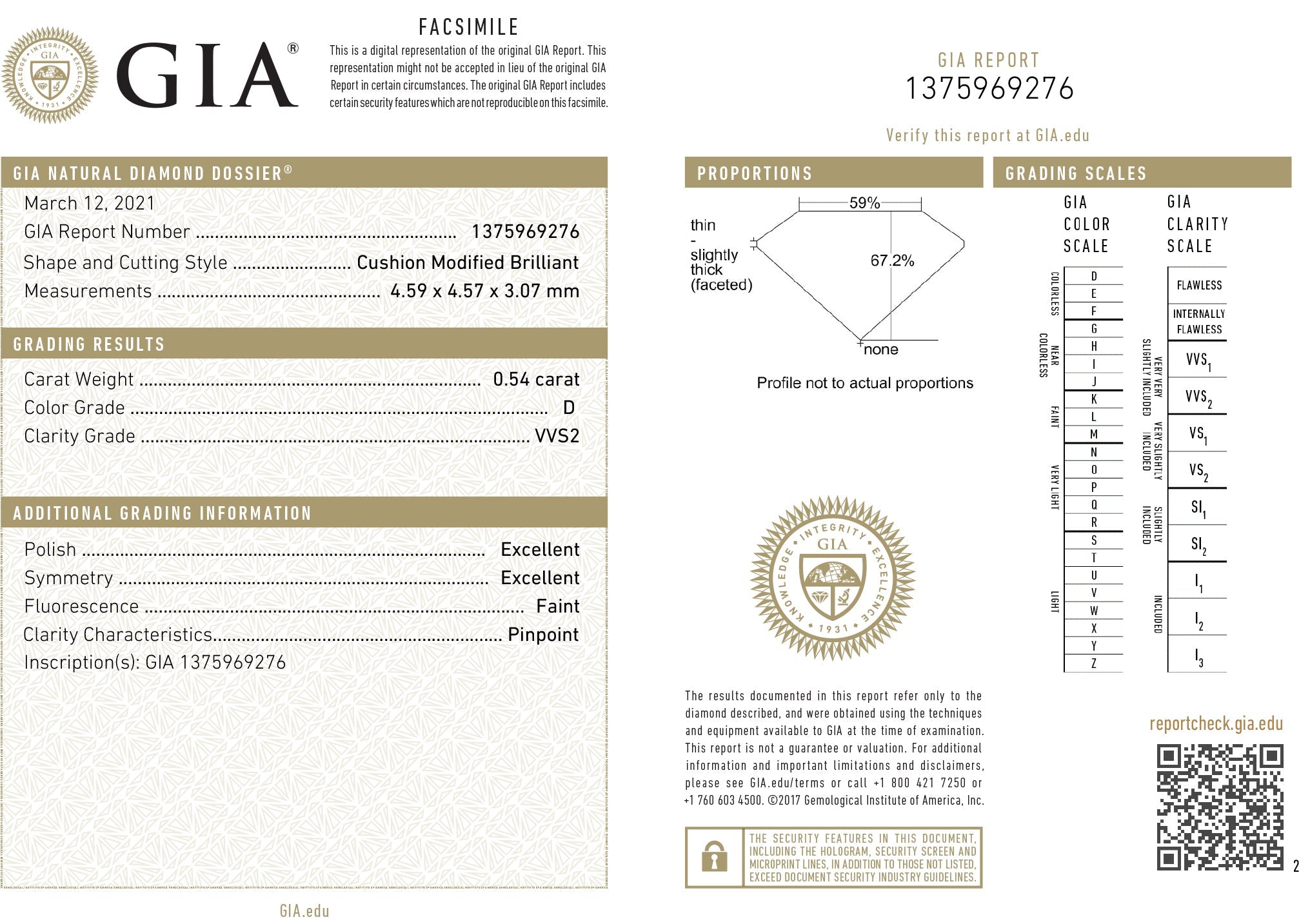 .54CT D VVS2 Loose Modified Cushion Cut Natural Diamond GIA CERTIFIED