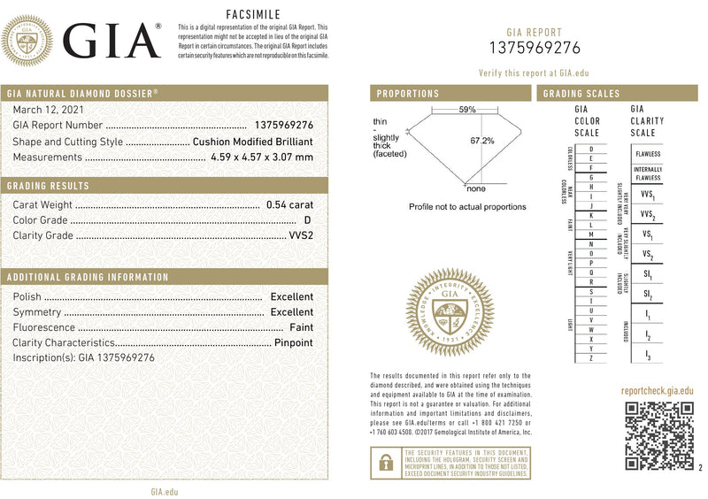 .54CT D VVS2 Loose Modified Cushion Cut Natural Diamond GIA CERTIFIED