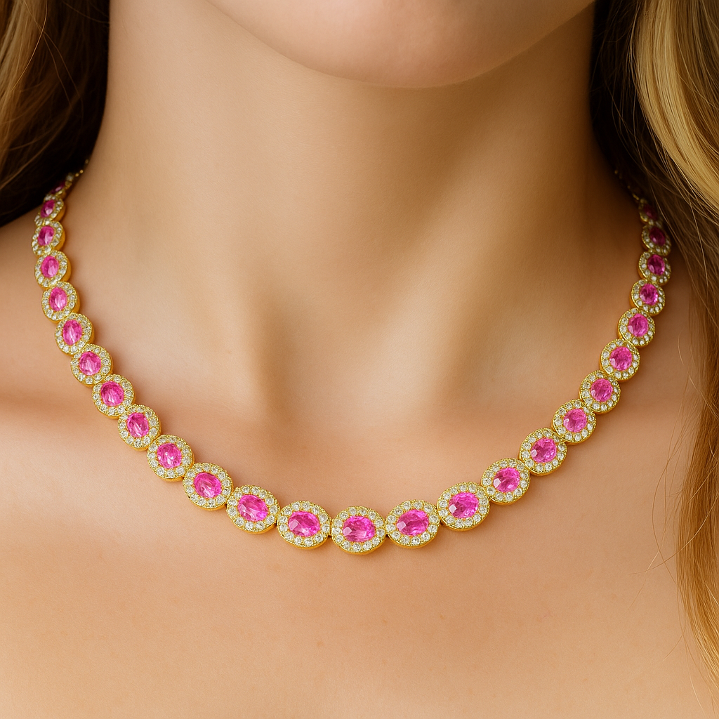 SPECIAL! 17.71ct G SI Yellow Gold  Diamond & Pink Sapphires Gemstone Necklace 16" long