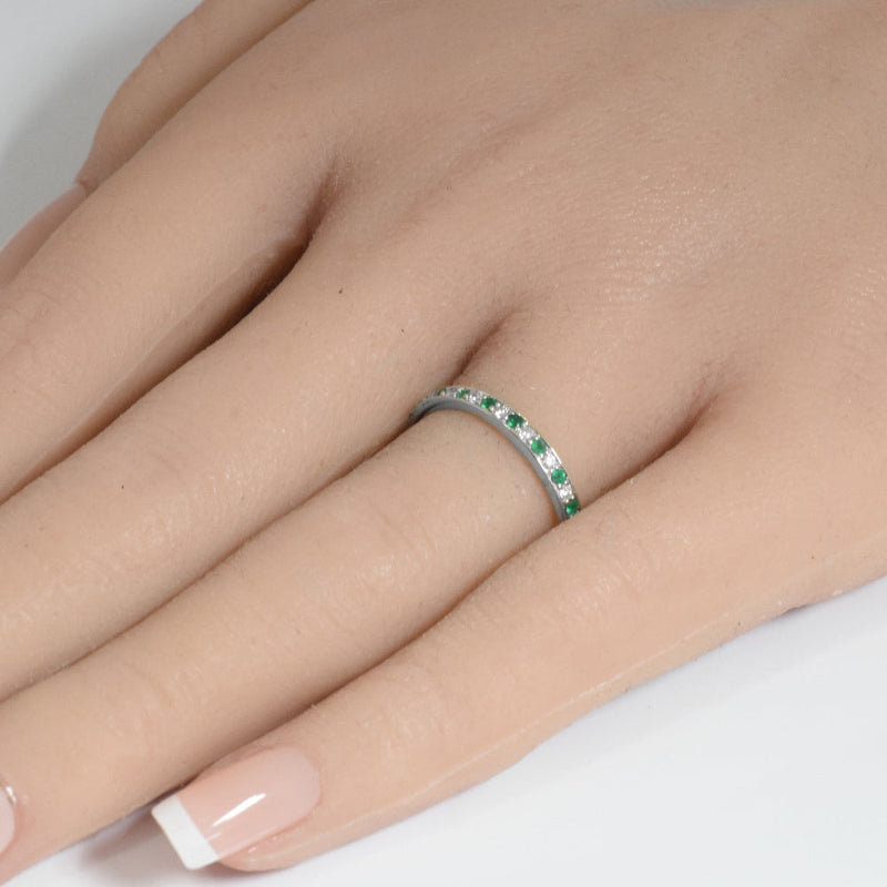 SPECIAL! .22ct G SI 14K White Gold Diamond Emerald Gemstone Band Ring Size 6.5