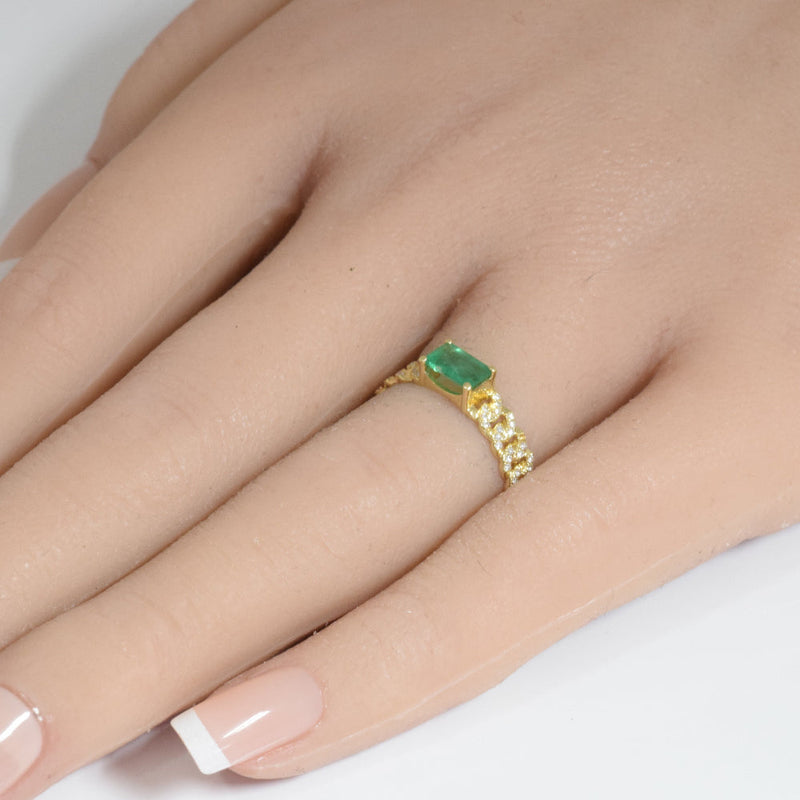 SPECIAL! .67ct G SI 14K Yellow Gold Diamond & Emerald Gemstone Cuban Link Ring Size 6.5