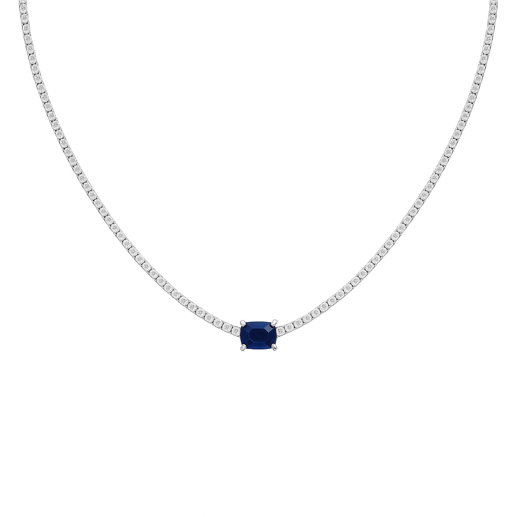 SPECIAL!2.66ct G SI 14K White Gold Diamond & Blue Sapphire Double Eagle Prongs Set Tennis Necklace 16" Long