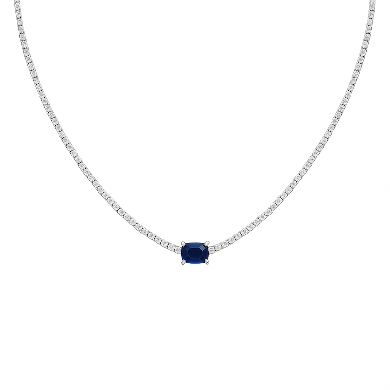 SPECIAL!2.66ct G SI 14K White Gold Diamond & Blue Sapphire Double Eagle Prongs Set Tennis Necklace 16" Long