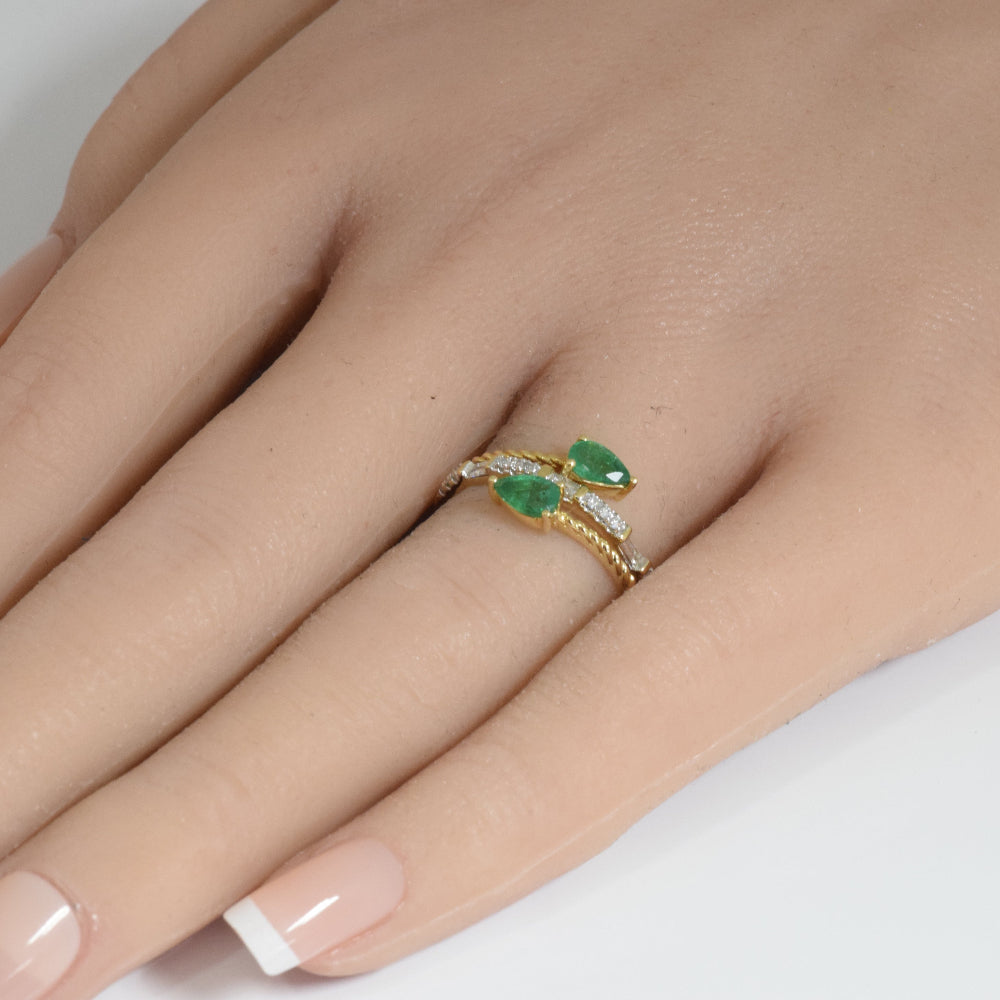 SPECIAL!.76ct G SI 14K Yellow Gold Diamond & Emerald Gemstones Wrap Around Band Ring Size 6.5