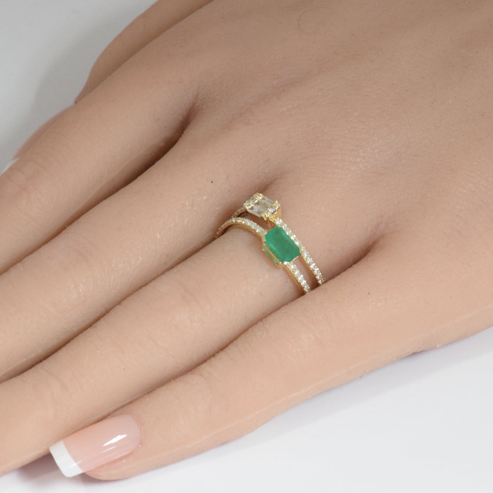 SPECIAL! .92ct G SI 14K Yellow Gold Diamond & Emerald Gemstones Engagement Ring Size 6.5