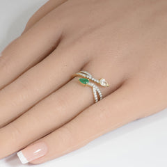 SPECIAL!.61ct G SI 14K Yellow Gold Pear Shaped Diamond & Emerald Gemstones Open Ring Band Size 6.5