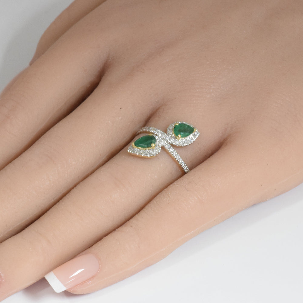 SPECIAL!1.13ct G SI 14K Yellow Gold Diamond & Pear Shape Emerald Gemstones Wrap Around Ring Size 6.5