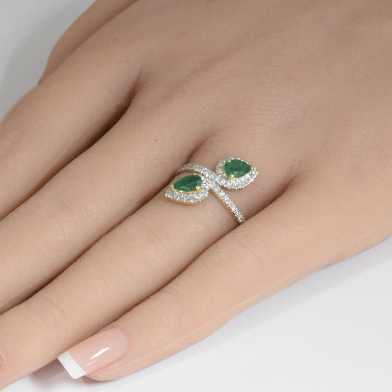 SPECIAL!1.13ct G SI 14K Yellow Gold Diamond & Pear Shape Emerald Gemstones Wrap Around Ring Size 6.5