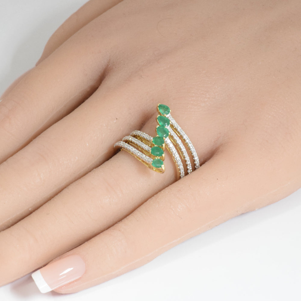 SPECIAL!1.24ct G SI 14K Yellow Gold Diamond & Emerald Gemstones Wrap Around Ring  Size 6.5