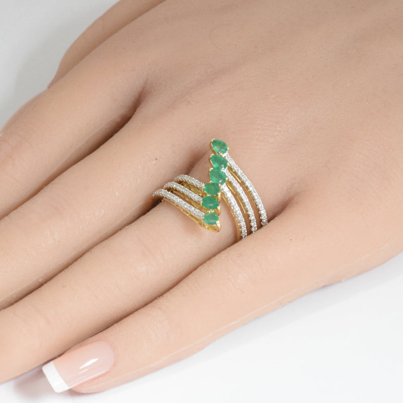 SPECIAL!1.24ct G SI 14K Yellow Gold Diamond & Emerald Gemstones Wrap Around Ring  Size 6.5