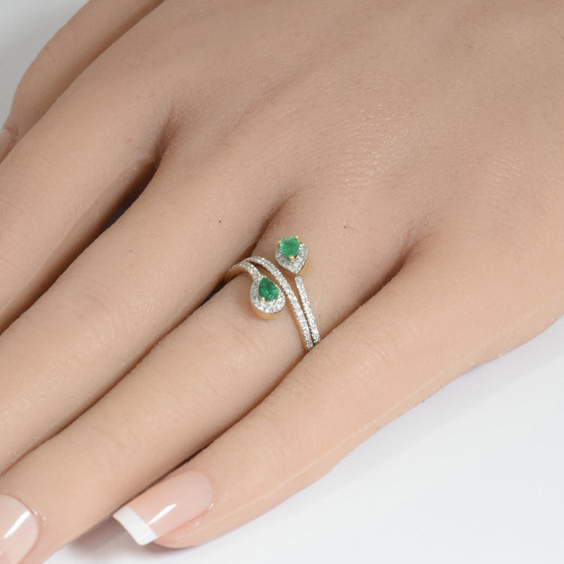 SPECIAL!.52ct G SI 14K Yellow Gold Pear Shape Diamond & Emerald Gemstone Wrap Around Ring  Size 6.5
