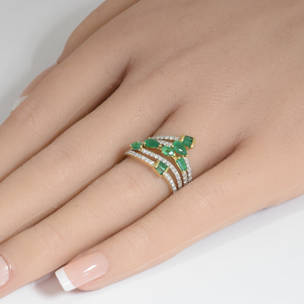 SPECIAL! 1.56ct G SI 14K Yellow Gold Diamond & Emerald Gemstones Wrap Around Band Ring Size 6.5
