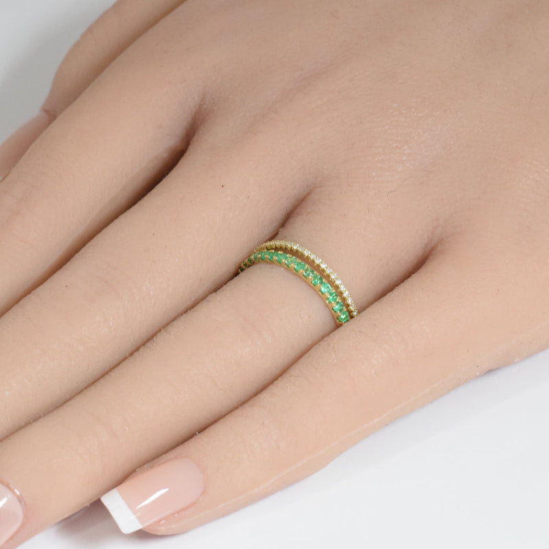 SPECIAL! .48ct G SI 14K Yellow Gold Diamond & Natural Emerald Gemstones Band Ring Size 7