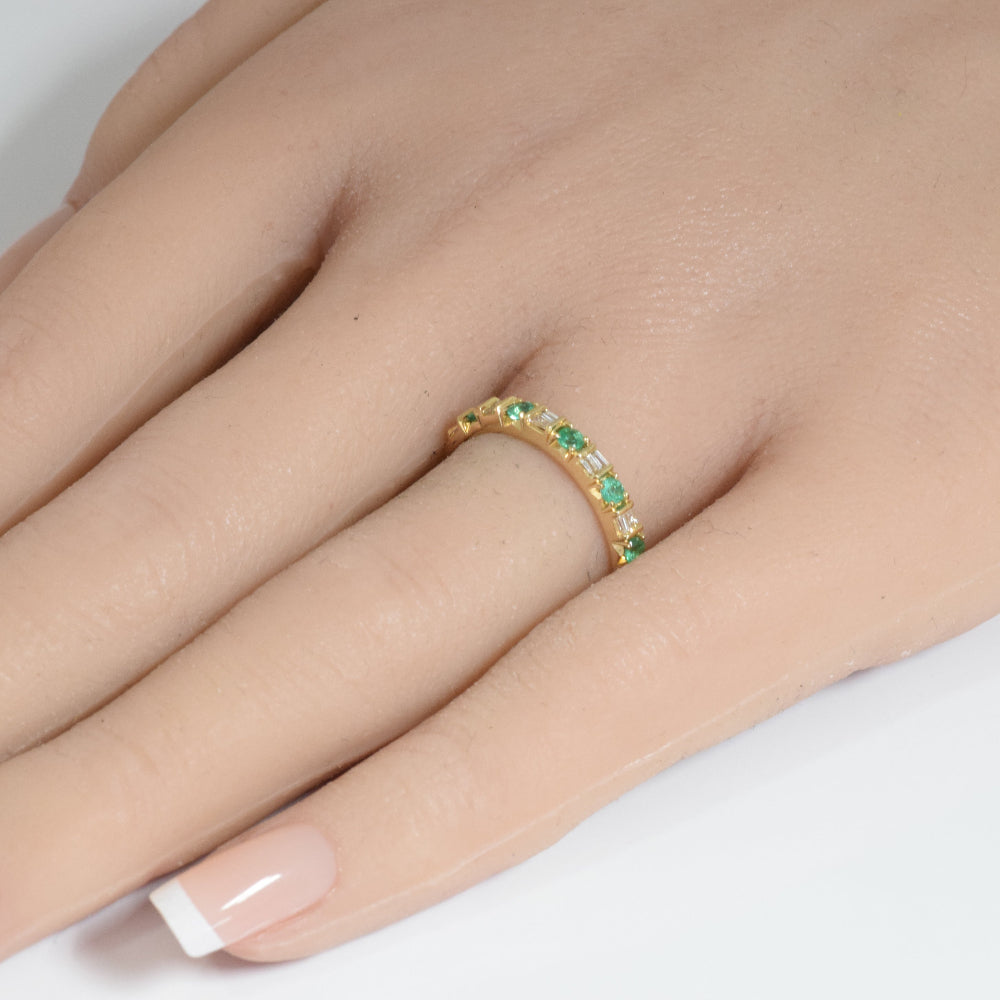 SPECIAL!.31ct G SI 14K Yellow Gold Diamond & Emerald Gemstones Band Ring Size 6.5