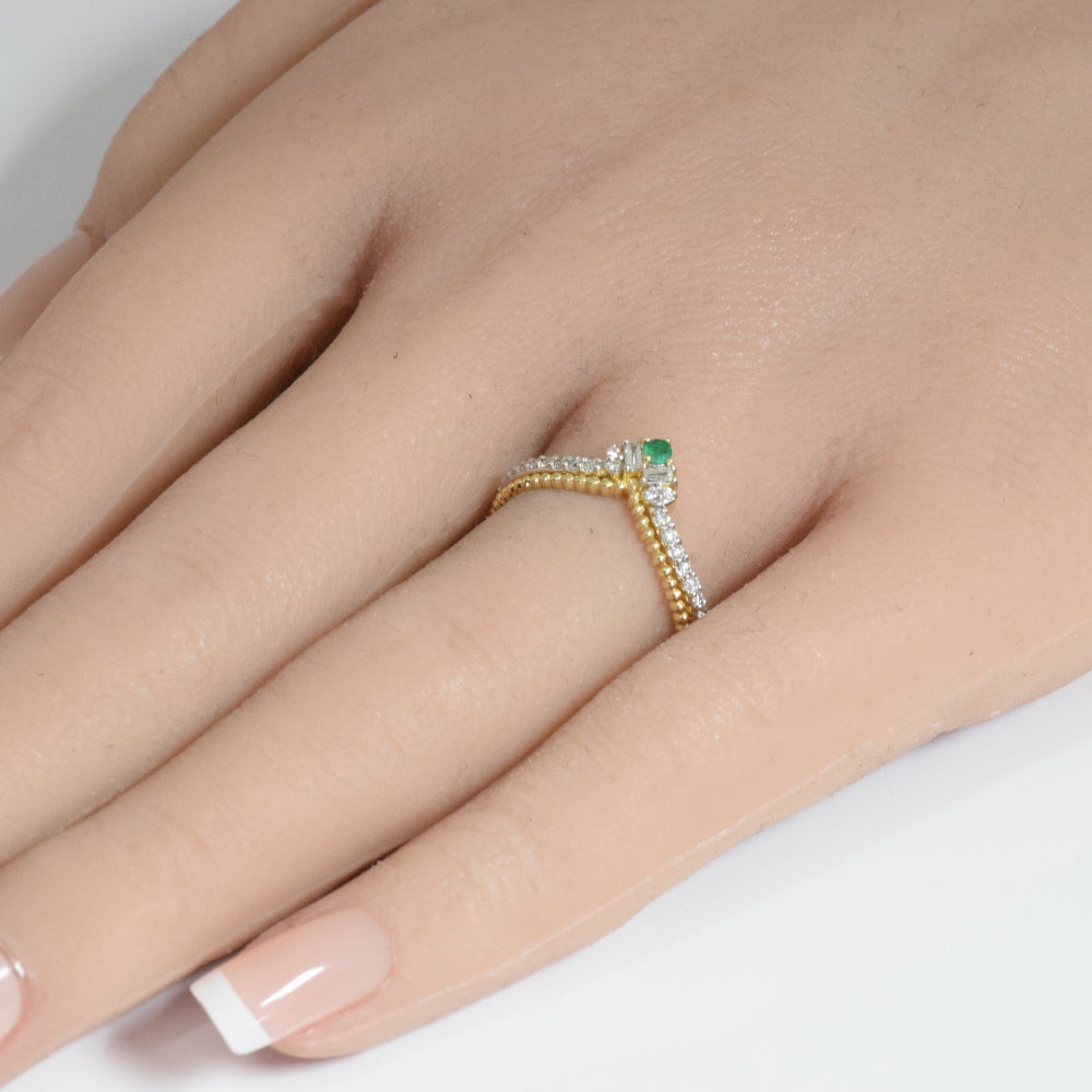 SPECIAL! .19ct G SI 14K Yellow Gold Diamond & Emerald Gemstone Beaded Chevron Ring Size 6.5