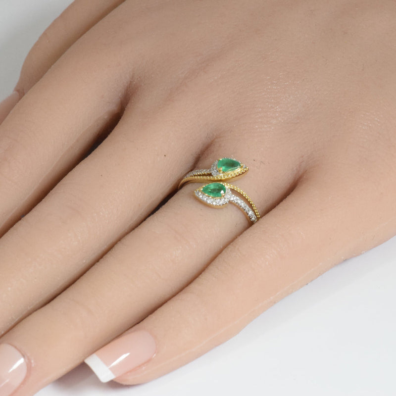 SPECIAL! .48ct G SI 14K Yellow Gold Diamond & Emerald Gemstone Wrap Around Ring Size 6.5