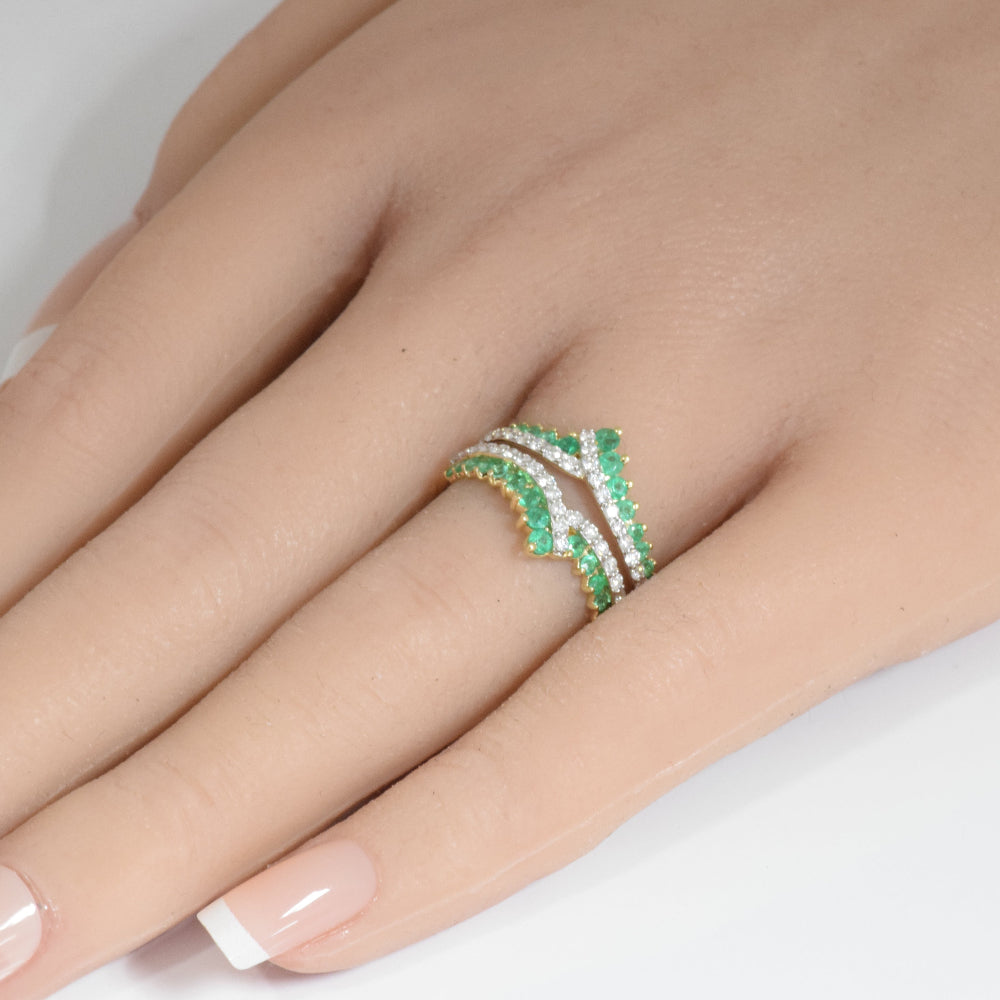 SPECIAL! 1.02ct G SI 14K Yellow Gold Diamond & Emerald Gemstones Double Shank Band Ring Size 6.5