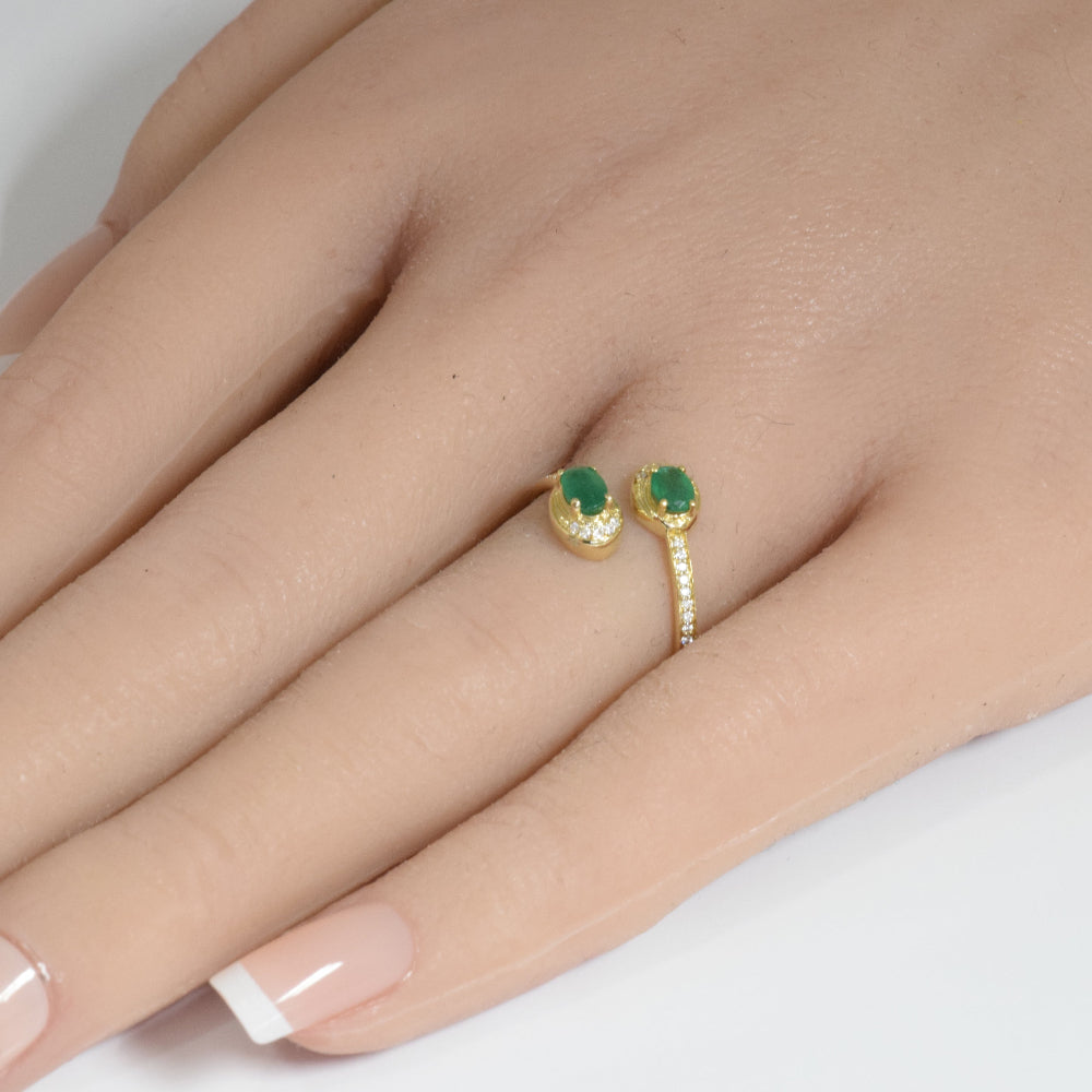 SPECIAL! .53ct G SI 14K Yellow Gold Round Diamond & Emerald Gemstones Open Ring Size 6.5