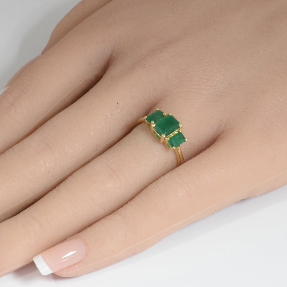 SPECIAL! 1.61ct G SI 14K Yellow Gold Three Stone Green Emerald Gemstones Ring Size 6.5