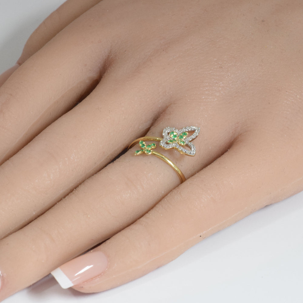 SPECIAL! .29ct G SI 14K Yellow Gold Diamond & Emerald Gemstones Butterfly Ring Size 6.5
