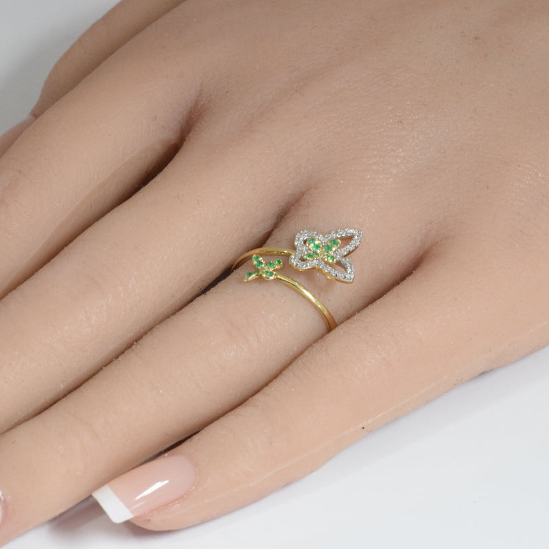 SPECIAL! .29ct G SI 14K Yellow Gold Diamond & Emerald Gemstones Butterfly Ring Size 6.5