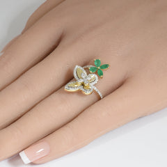 SPECIAL! .91ct G SI 14K Yellow Gold Diamond & Emerald Gemstone Butterfly Ring Size 6.5