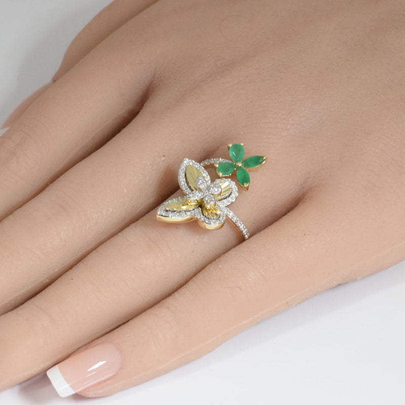 SPECIAL! .91ct G SI 14K Yellow Gold Diamond & Emerald Gemstone Butterfly Ring Size 6.5