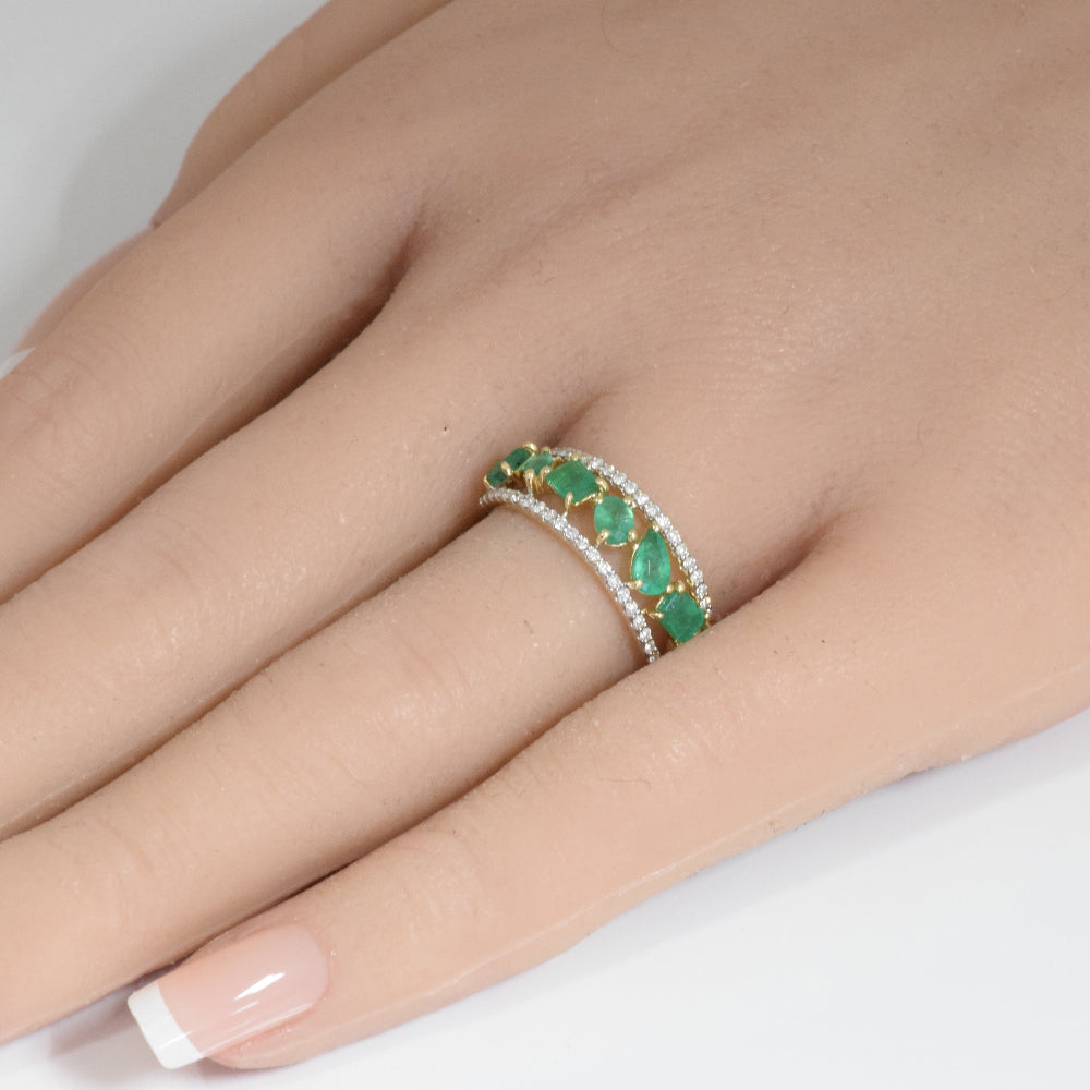 SPECIAL! 1.28ct G SI 14K Yellow Gold Diamond & Emerald Gemstone Ring Band Size 6.5