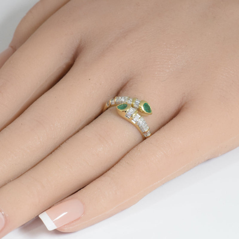 SPECIAL!.64ct G SI 14K Yellow Gold Diamond & Emerald Gemstone Wrap Around Band Ring Size 6.5