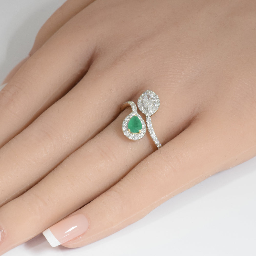 SPECIAL!1.28ct G SI 14K Yellow Gold Pear Shape Diamond & Emerald Gemstone Wrap Around Ring Size 6.5