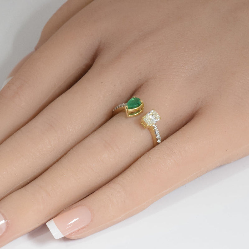 SPECIAL!.82ct G SI 14K Yellow Gold Radiant Shape Diamond & Pear Cut Emerald Gemstone Open Ring Size 6.5