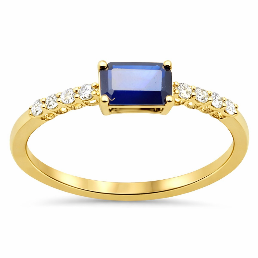 SPECIAL!.71ct G SI 14K Yellow Gold Diamond & Emerald Cut Blue Sapphire Gemstone Ring Size 6.5