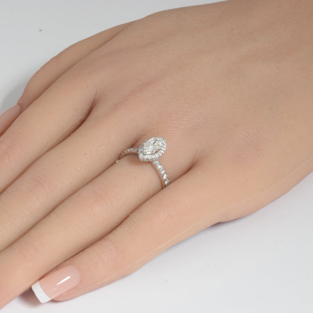 SPECIAL!.90ct G SI 14K White Gold Marquee Shape Halo Diamond Engagement Ring Size 6.5