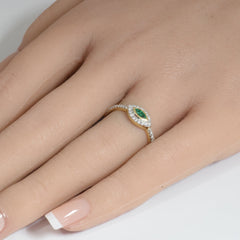 SPECIAL!.32ct G SI 14K Yellow Gold Diamond & Emerald Gemstone Evil Eye Band Ring Size 6.5
