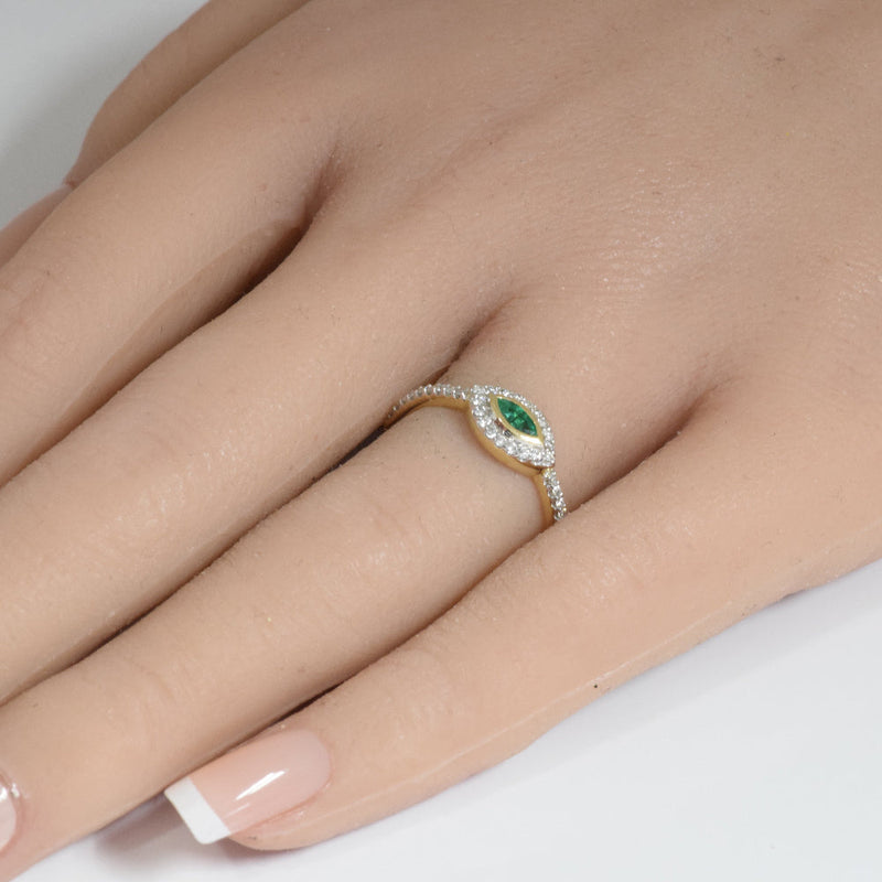 SPECIAL!.32ct G SI 14K Yellow Gold Diamond & Emerald Gemstone Evil Eye Band Ring Size 6.5