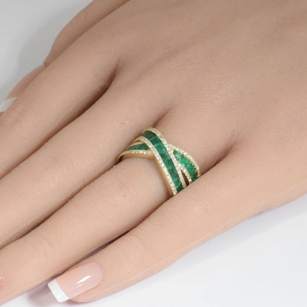 SPECIAL!2.43ct G SI 14K Yellow Gold Diamond & Emerald Gemstone Criss Cross Ring Size 6.5