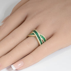 SPECIAL!2.43ct G SI 14K Yellow Gold Diamond & Emerald Gemstone Criss Cross Ring Size 6.5