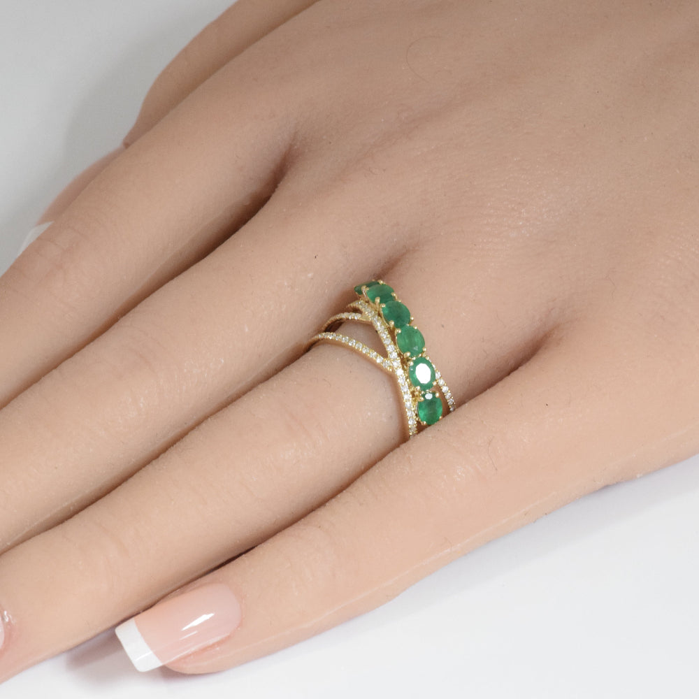 SPECIAL!1.10ct G SI 14K Yellow Gold Diamond & Emerald Gemstone Wrap Around Band Ring Size 6.5
