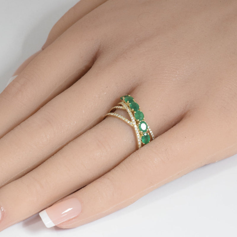 SPECIAL!1.10ct G SI 14K Yellow Gold Diamond & Emerald Gemstone Wrap Around Band Ring Size 6.5