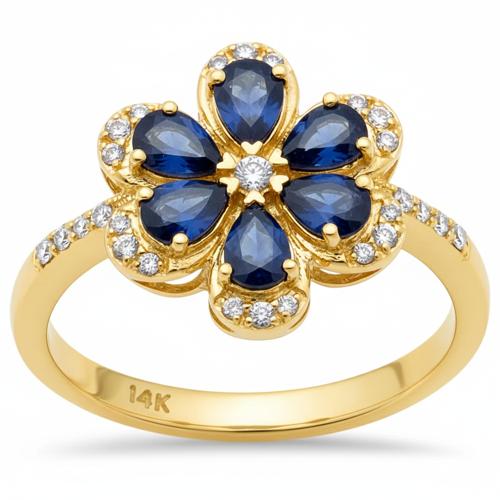 SPECIAL!1.37ct G SI 14K Yellow Gold Diamond & Blue Sapphire Gemstone Flower Ring Size 6.5