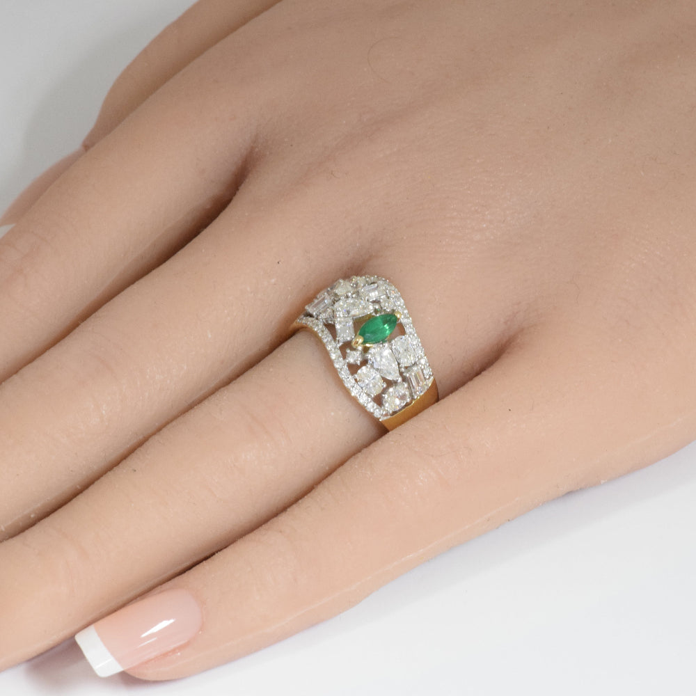 SPECIAL!1.93ct G SI 14K Yellow Gold Multi Shape Diamond & Emerald Gemstone Ring Band Size 6.5