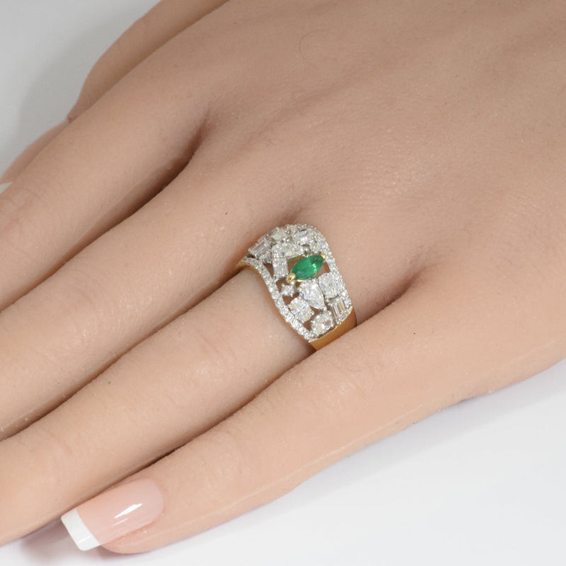 SPECIAL!1.93ct G SI 14K Yellow Gold Multi Shape Diamond & Emerald Gemstone Ring Band Size 6.5