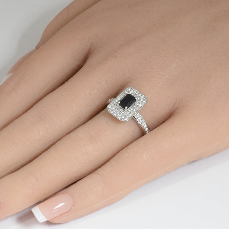 SPECIAL!1.32ct G SI 14K White Gold Emerald Cut Blue Sapphire & Diamond Gemstone ring Size 6.5