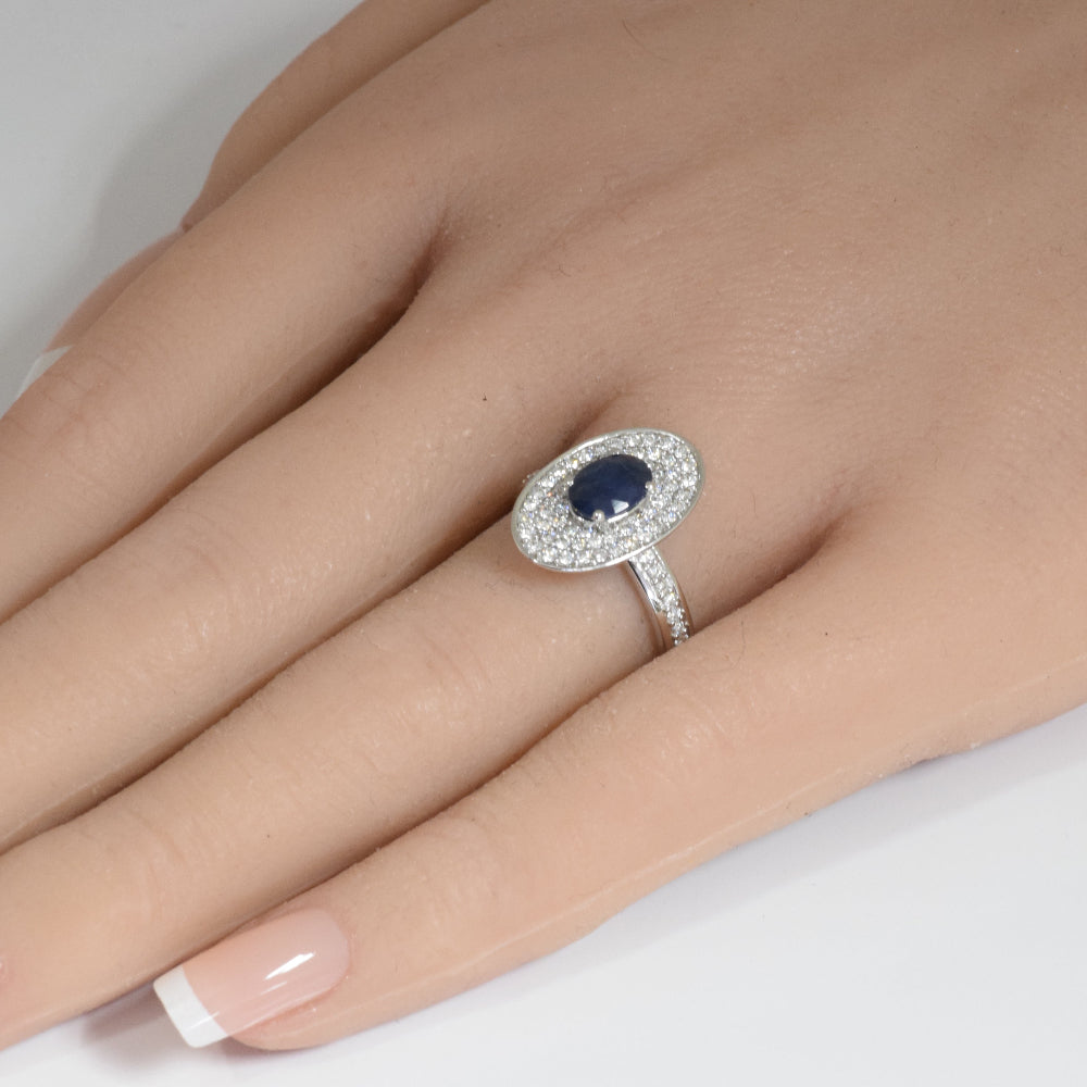 SPECIAL!1.11ct G SI 14K White Gold Diamond & Oval Shape Blue Sapphire Gemstone Ring Size 6.5