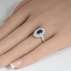 SPECIAL!1.11ct G SI 14K White Gold Diamond & Oval Shape Blue Sapphire Gemstone Ring Size 6.5